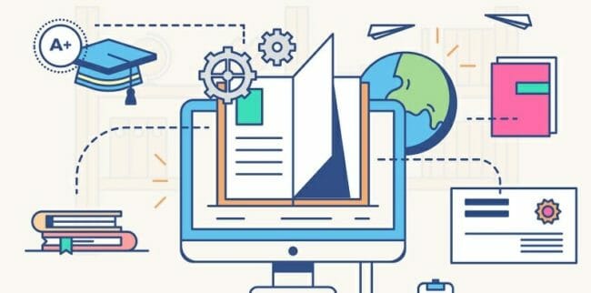 1653a Desktop computer with images of books, graduation cap and letters floating