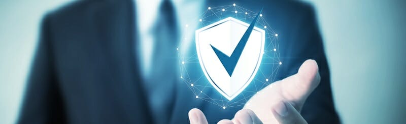 Protection network security computer and safe your data concept, Businessman holding shield protect icon