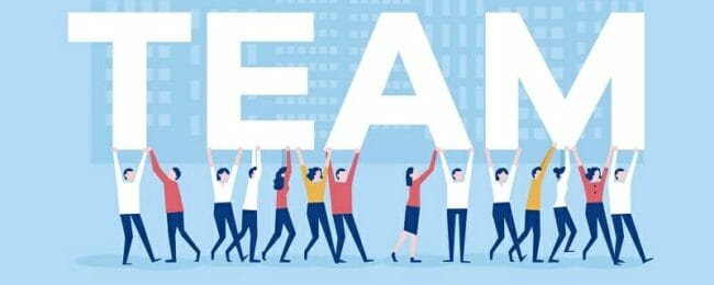 illustration of people holding up the word TEAM