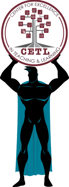 combined-logo Caped man holding up CETL logo