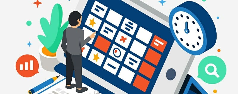 Illustrated man standing in front of oversized smartphone