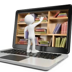 3D white people. New technologies. Digital Library concept. Lapt